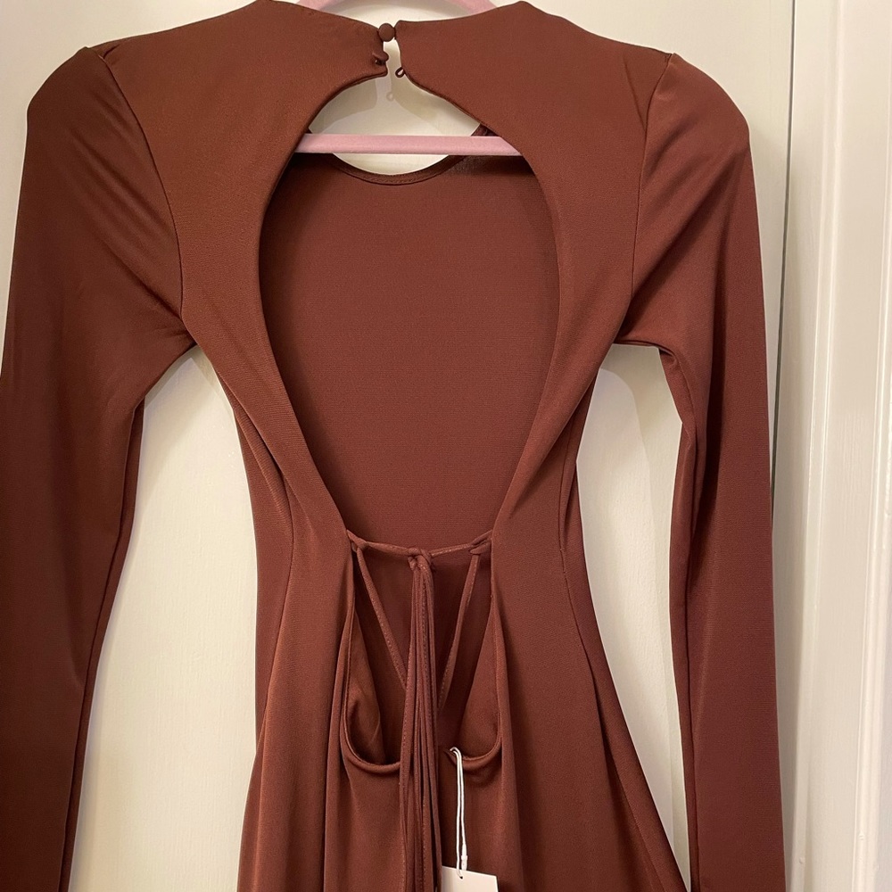 Sexy Zara Brown Polyester Dress, Open Back.